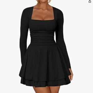Kaximil Square Neck Ruffle Mini Dress – Long Sleeve Ruched Waist, Party Club Dre